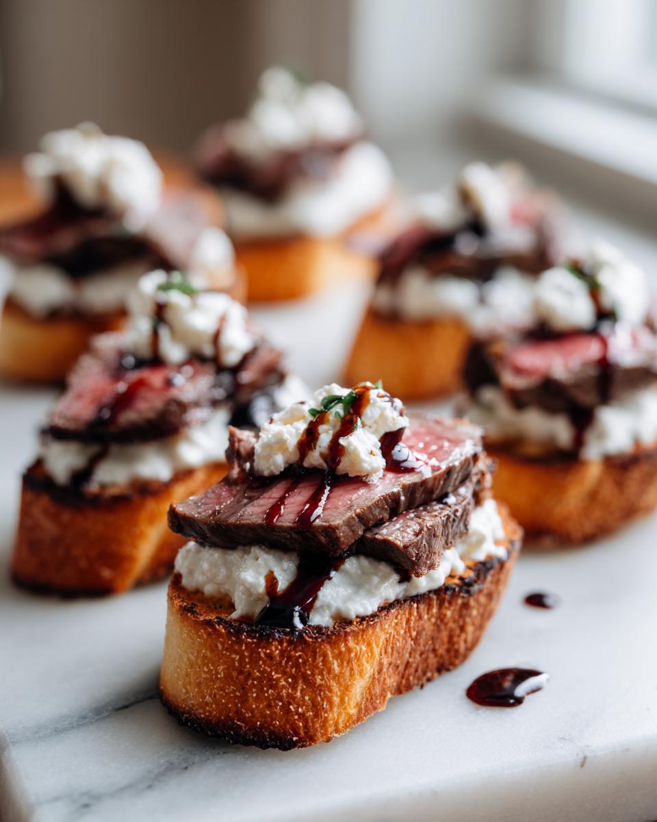 Close-up of a perfectly prepared steak crostini topped with sliced steak, creamy cheese, and balsamic glaze.