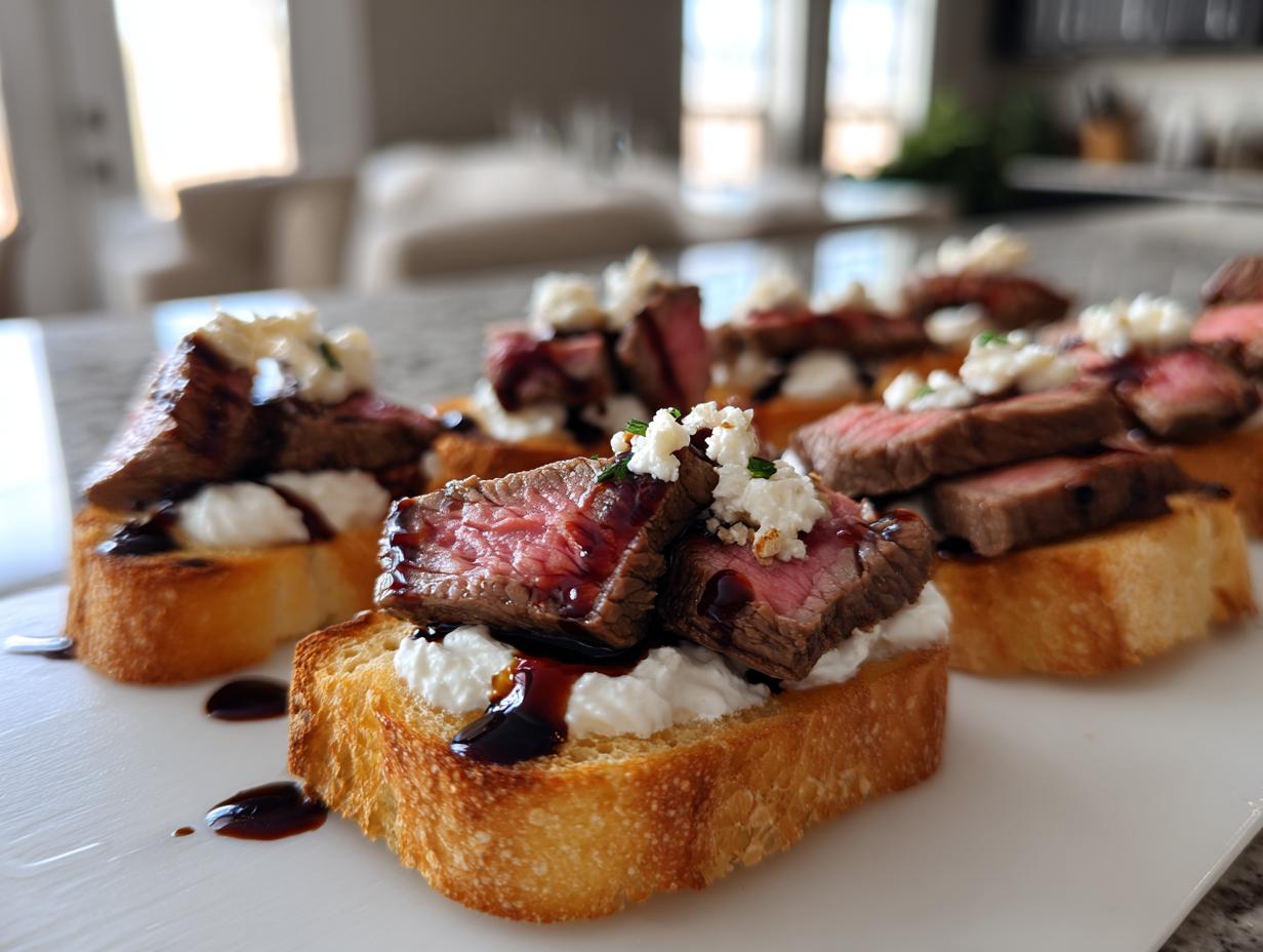 Close-up of several steak crostini appetizers topped with rare steak, white cheese, and balsamic glaze.