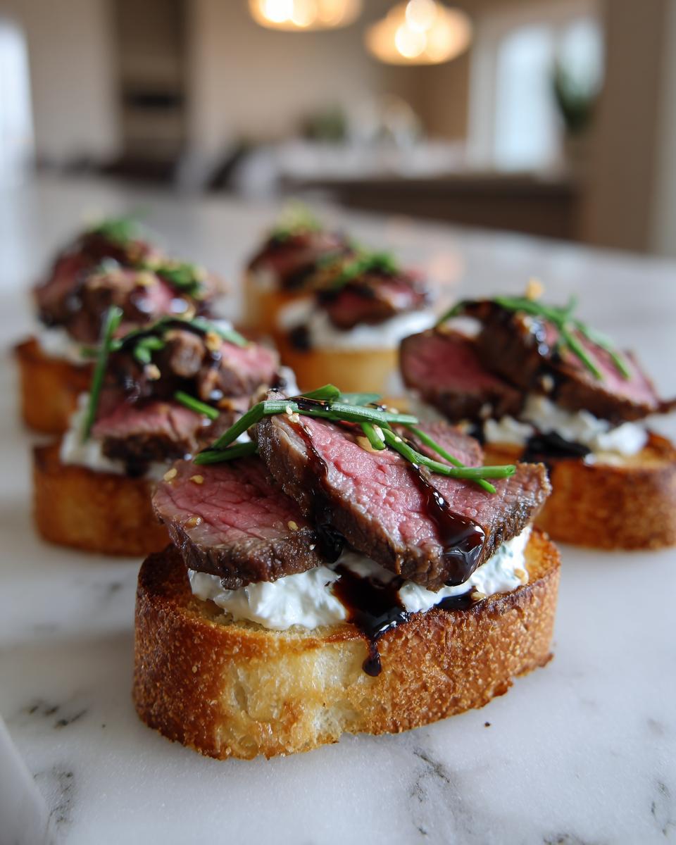 Close-up of several steak crostini appetizers featuring medium-rare steak slices over a white spread on toasted bread.
