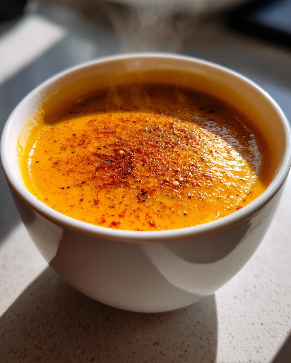 Close-up of a steaming hot bowl of vibrant orange butternut squash soup, topped with spices.