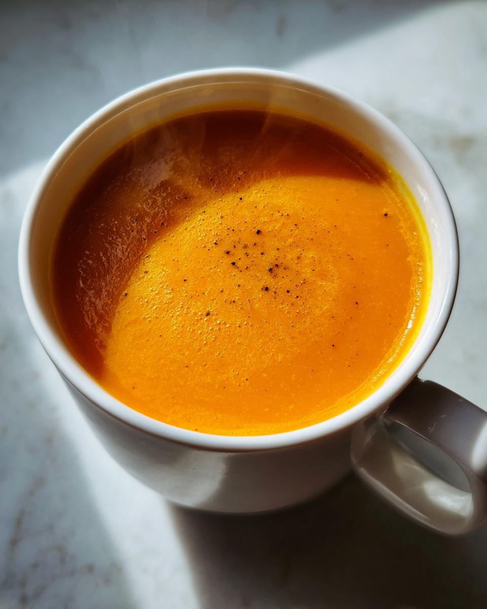 Close-up overhead view of hot butternut squash soup, garnished with black pepper, served in a white mug.