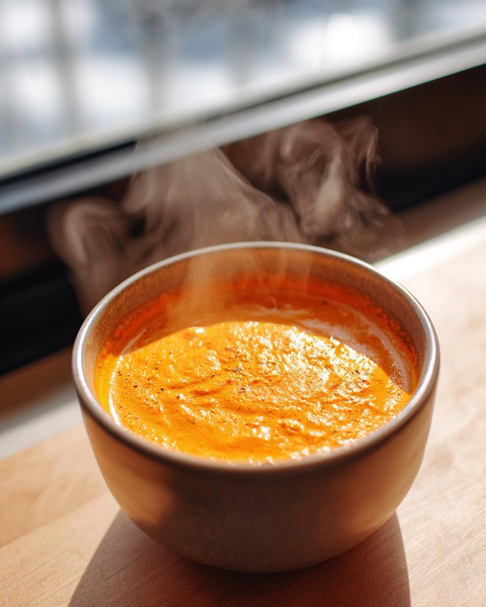 A close-up of hot, orange cottage cheese queso steaming in a small bowl on a wooden surface.
