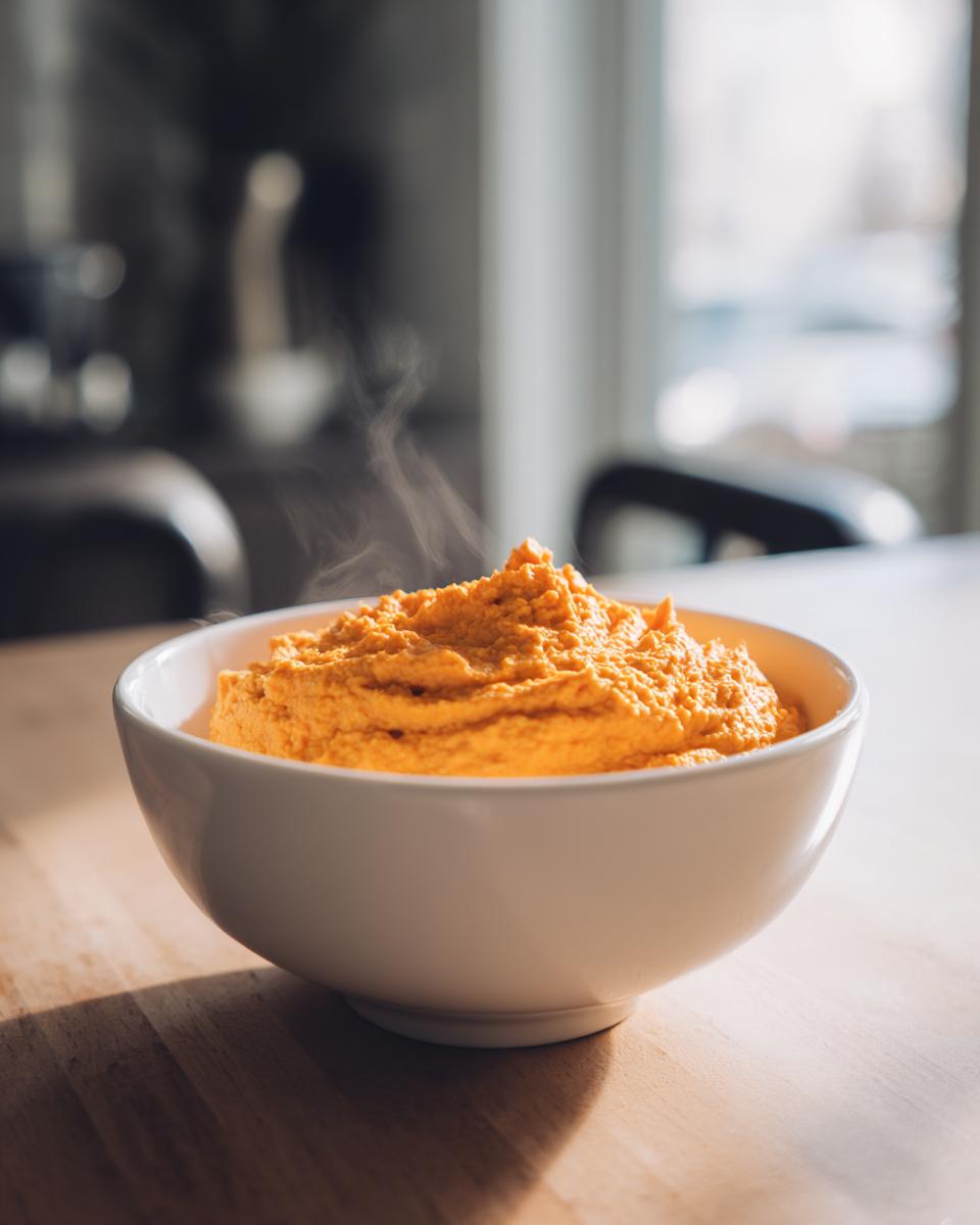 A white bowl filled with hot, bright orange cottage cheese queso steaming slightly on a wooden table.
