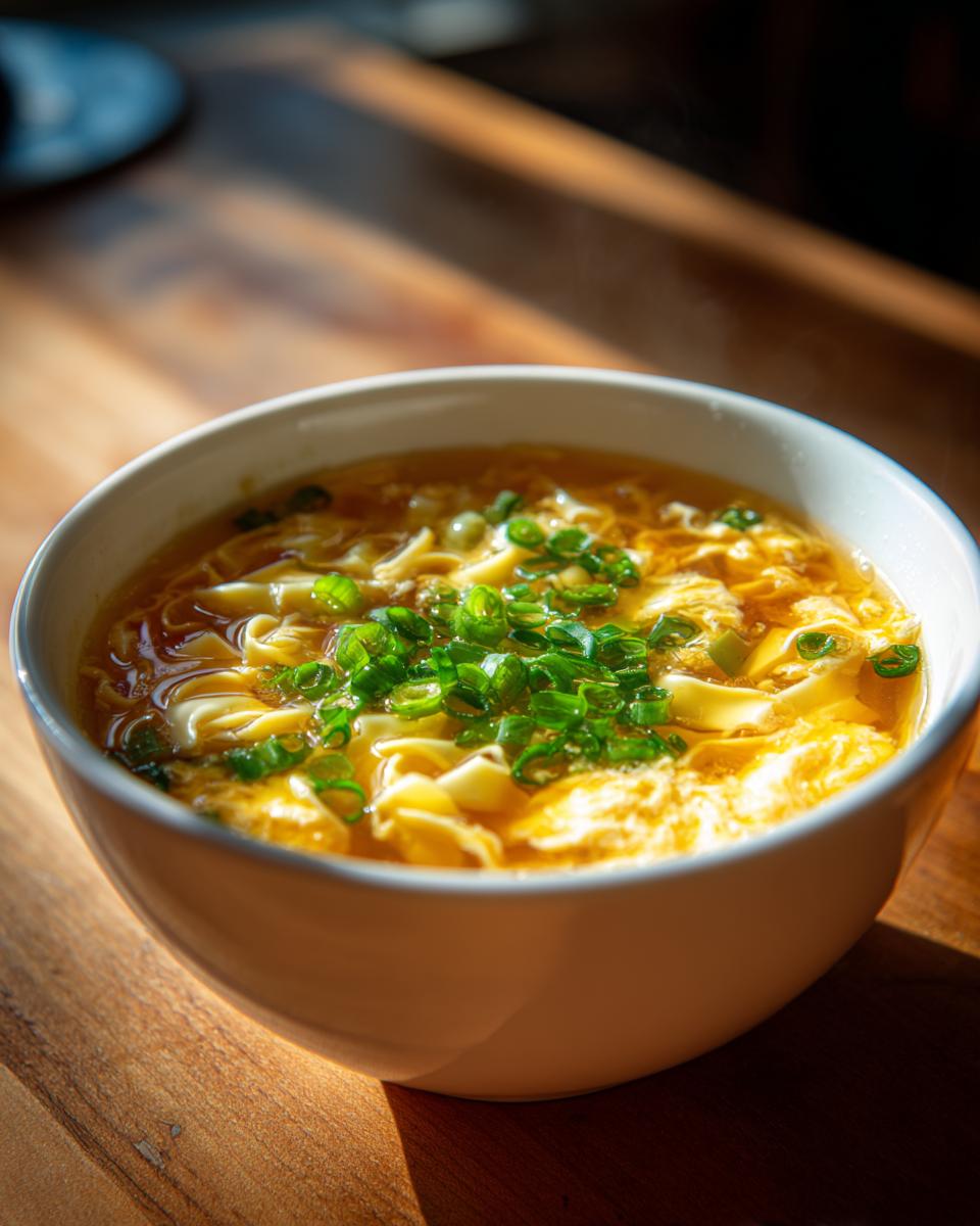 A close-up of a steaming white bowl filled with golden egg drop soup, topped generously with fresh green scallions.