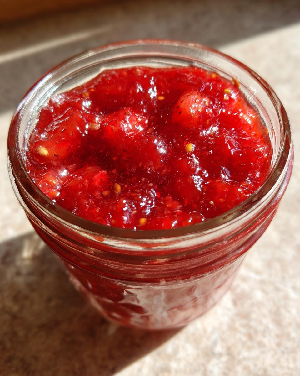 Close-up view of bright red strawberry freezer jam packed into a small glass jar, showing visible fruit pieces.