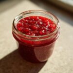 Close-up of a glass jar filled with bright red strawberry freezer jam, showing visible seeds and texture.