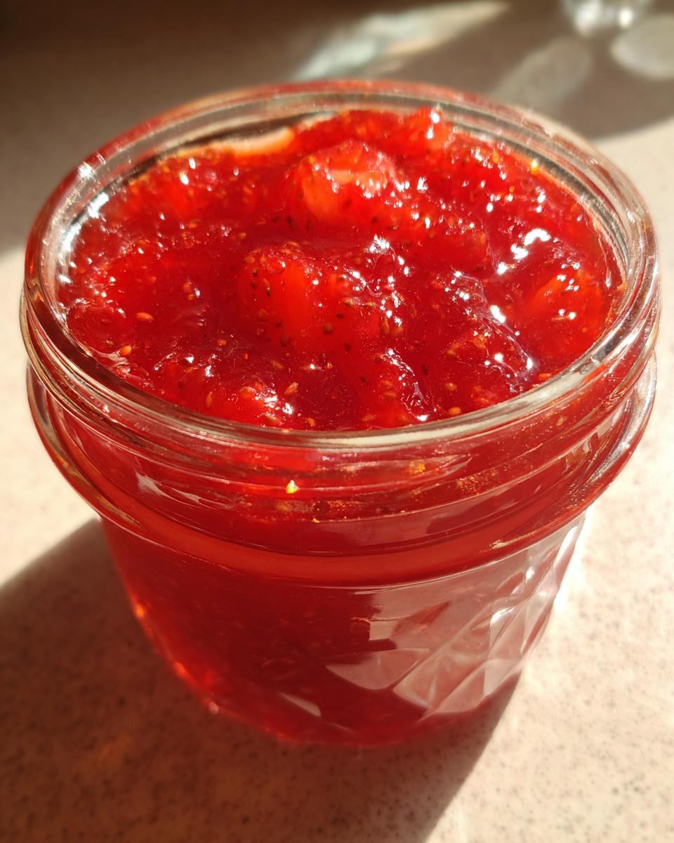 Close-up of a small glass jar filled with vibrant, chunky strawberry freezer jam, glistening in the sunlight.