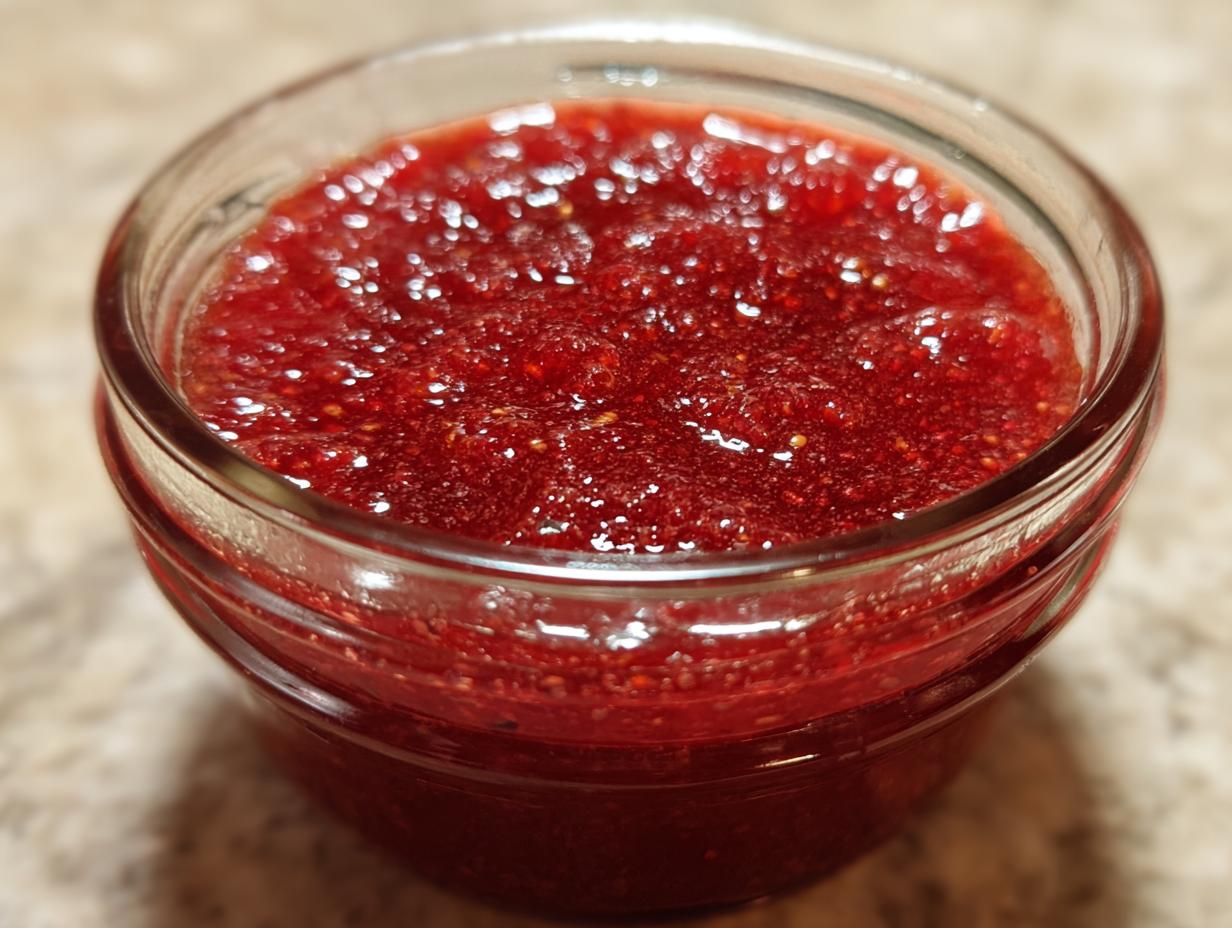 Close-up of bright red, textured strawberry freezer jam filling a small glass jar.