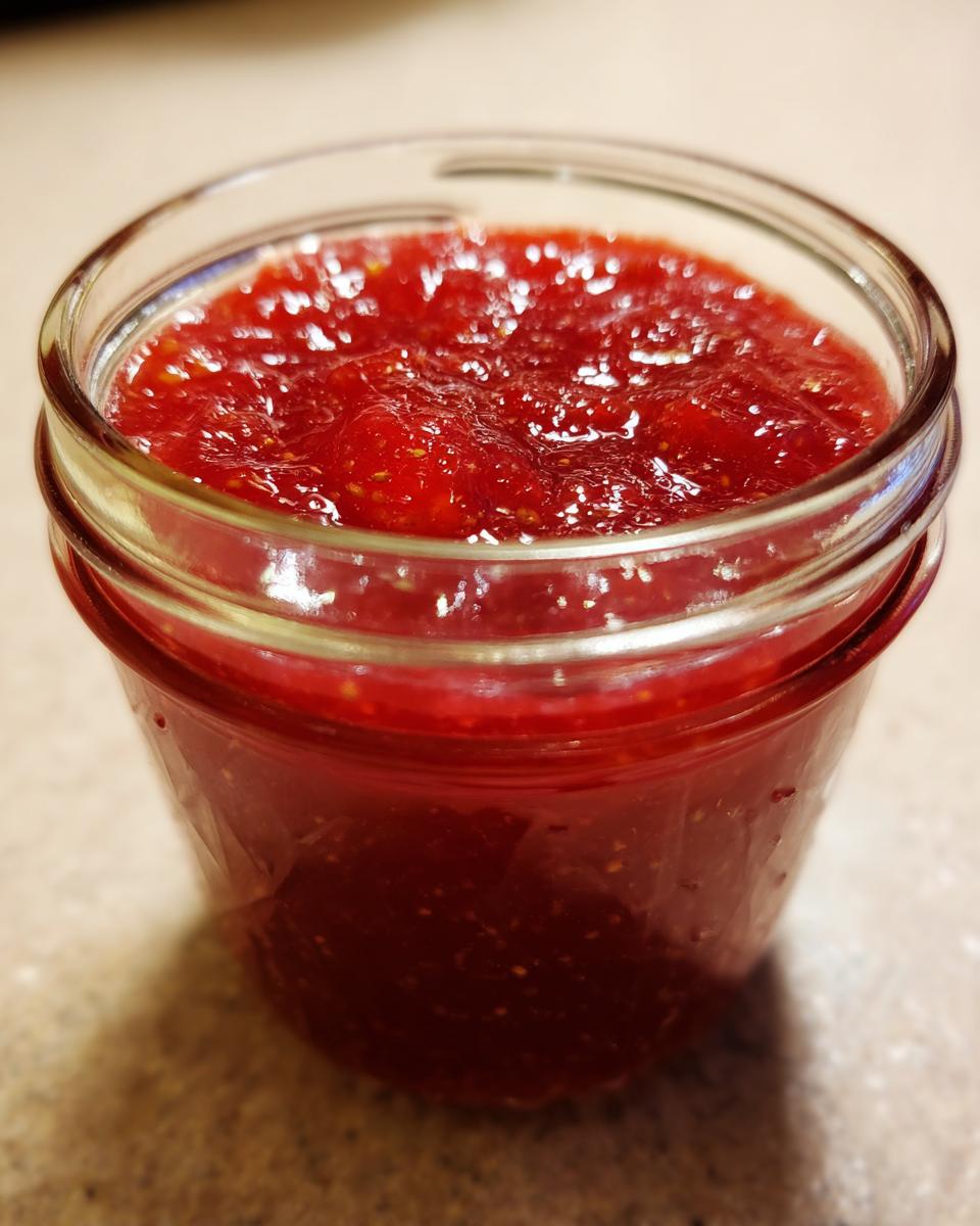 Close-up of bright red strawberry freezer jam filling a small glass jar.