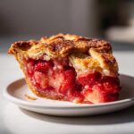 Close-up of a juicy slice of strawberry rhubarb pie showing the bright red filling and sugared lattice crust.