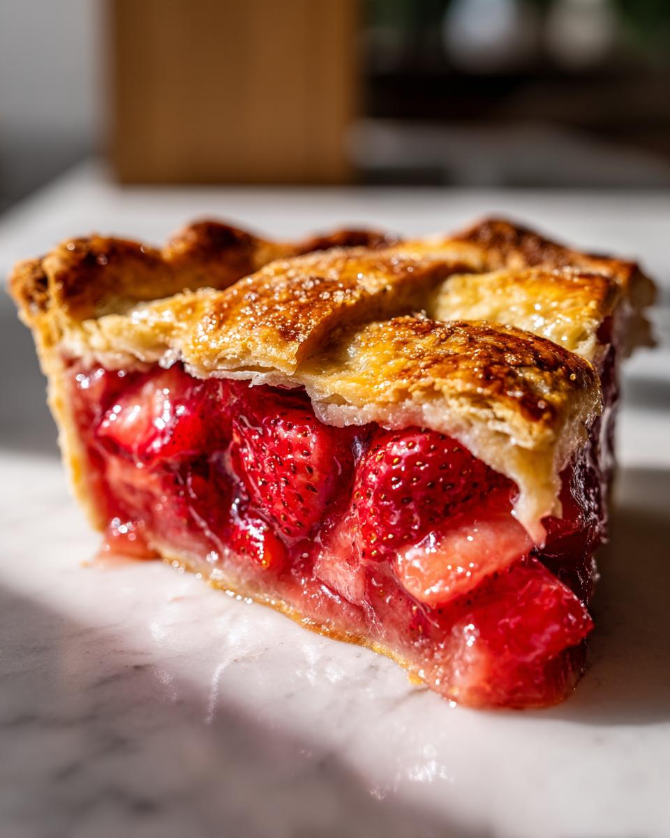 A close-up, sunlit slice of strawberry rhubarb pie showing a thick, glistening strawberry filling and a golden, sugared lattice crust.