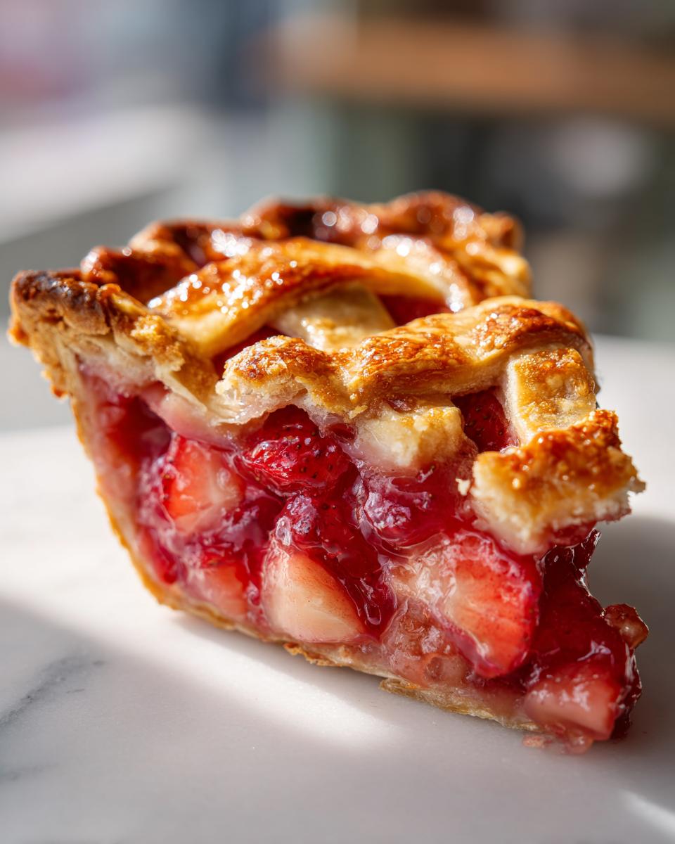 Close-up of a juicy slice of strawberry rhubarb pie showing the bright red filling and golden lattice crust.