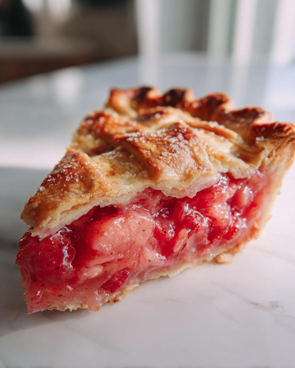 Close-up of a juicy slice of strawberry rhubarb pie showing the bright red filling and golden lattice crust sprinkled with sugar.
