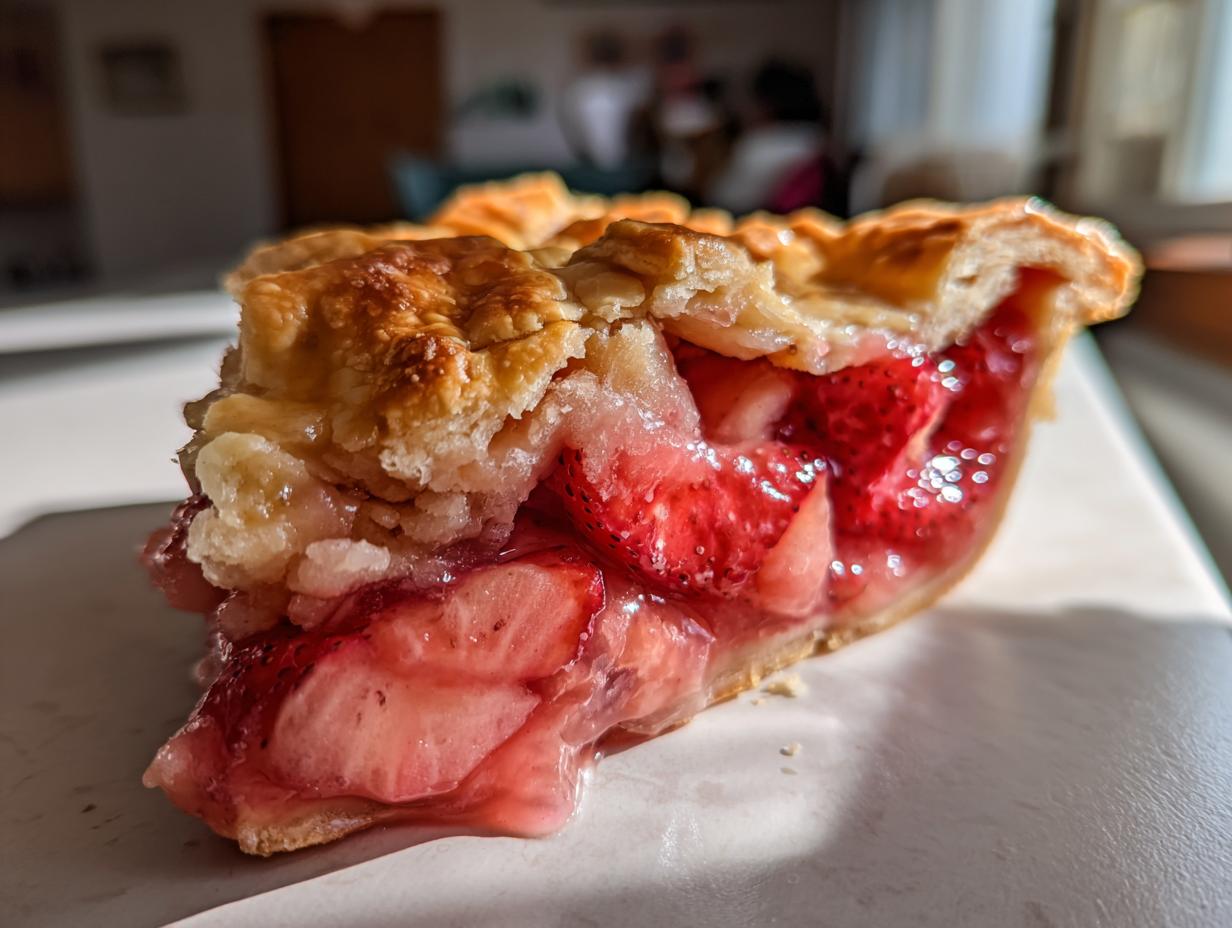 A close-up, sunlit slice of strawberry rhubarb pie showing flaky crust and bright red, glistening fruit filling.