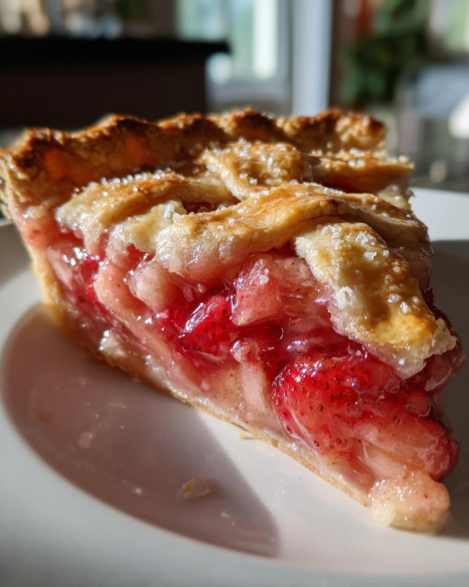 Close-up of a perfect slice of strawberry rhubarb pie showing juicy red filling and a sugared lattice crust.