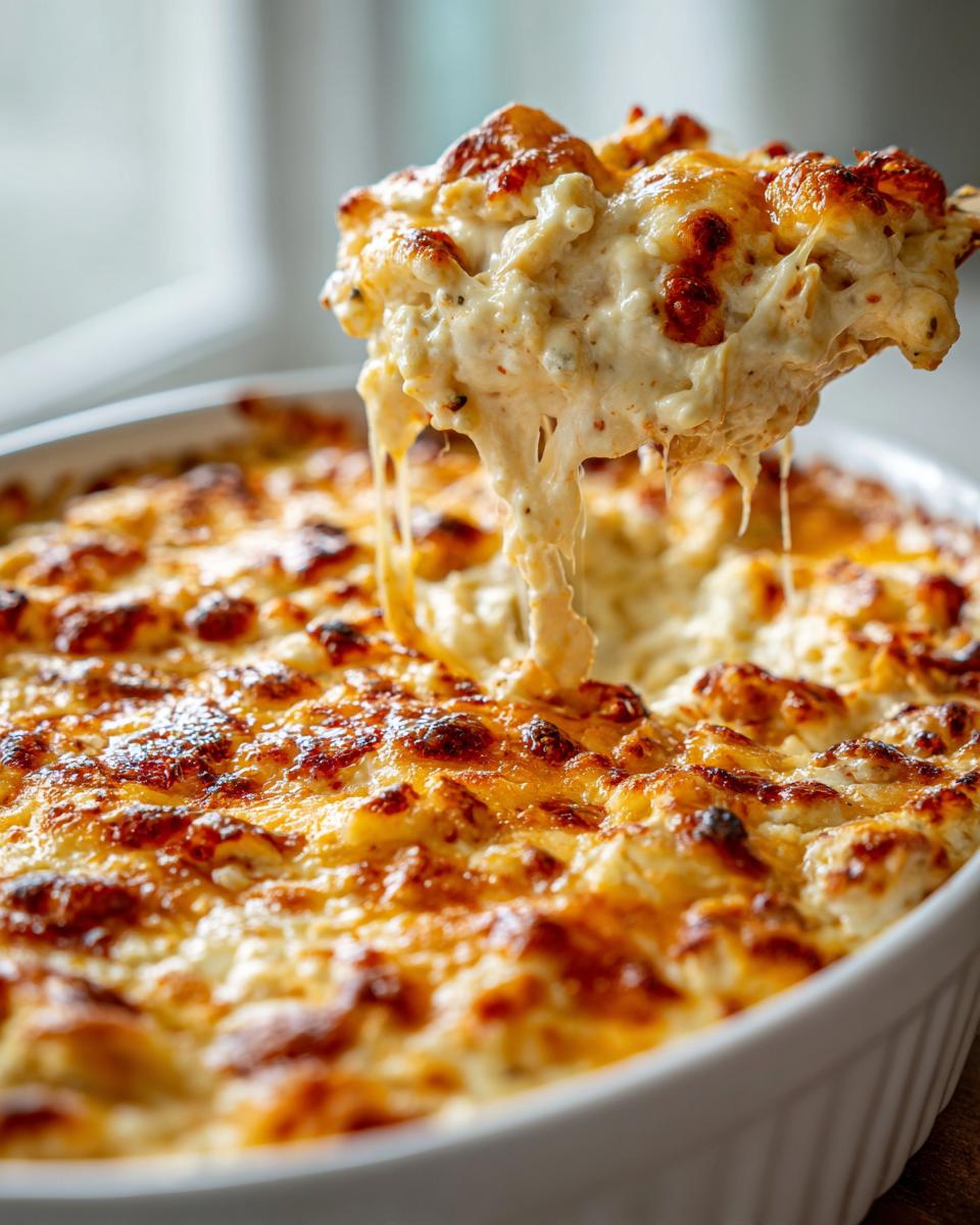 A spoonful of hot, cheesy, 3-Ingredient chili cheese dip being lifted from a white baking dish, showing extreme cheese pull.