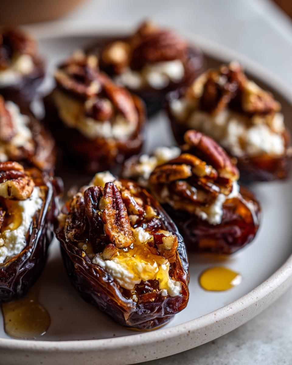 Close-up of creamy cheese stuffed dates topped with pecans and drizzled with honey, showcasing delicious stuffed dates.