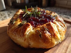 Close-up of golden baked brie wrapped in flaky pastry, topped with dark red jam and fresh rosemary sprigs.