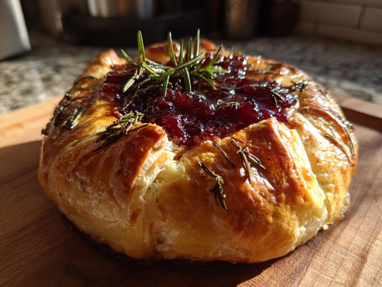 Close-up of golden baked brie wrapped in flaky pastry, topped with dark red jam and fresh rosemary sprigs.