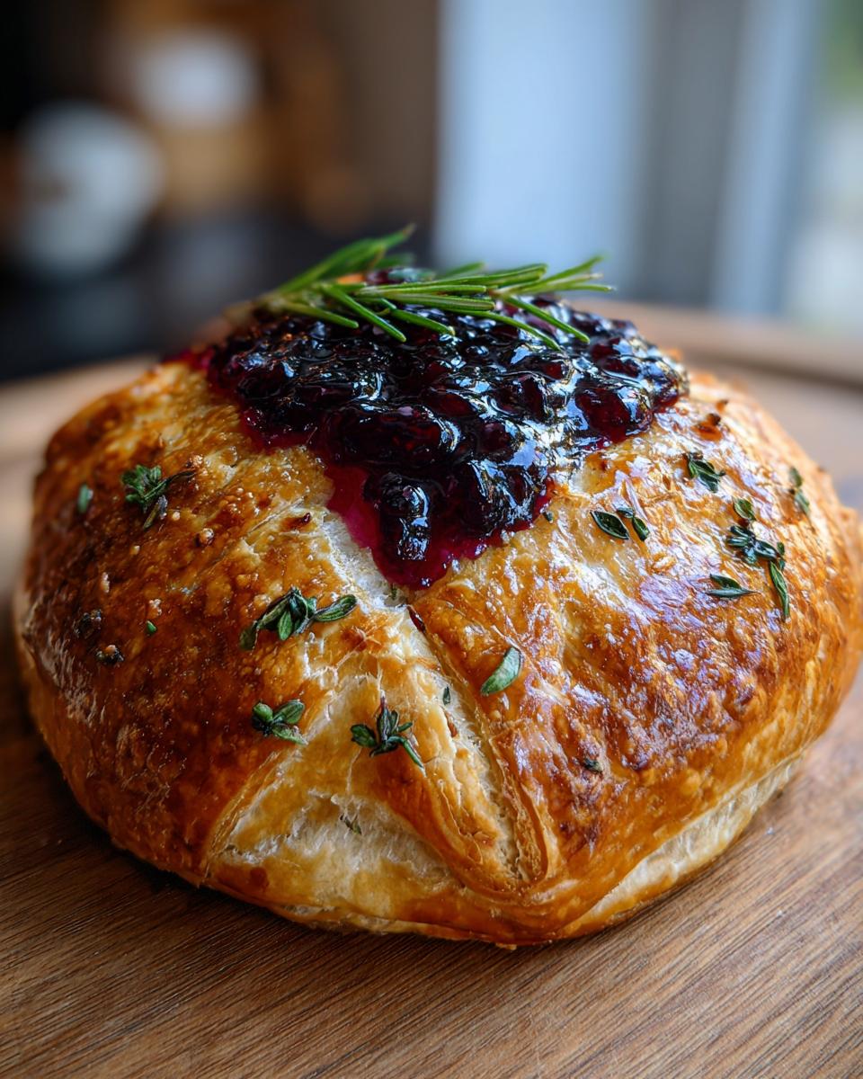 A golden, flaky baked brie wrapped in pastry, topped with dark berry jam and fresh rosemary.
