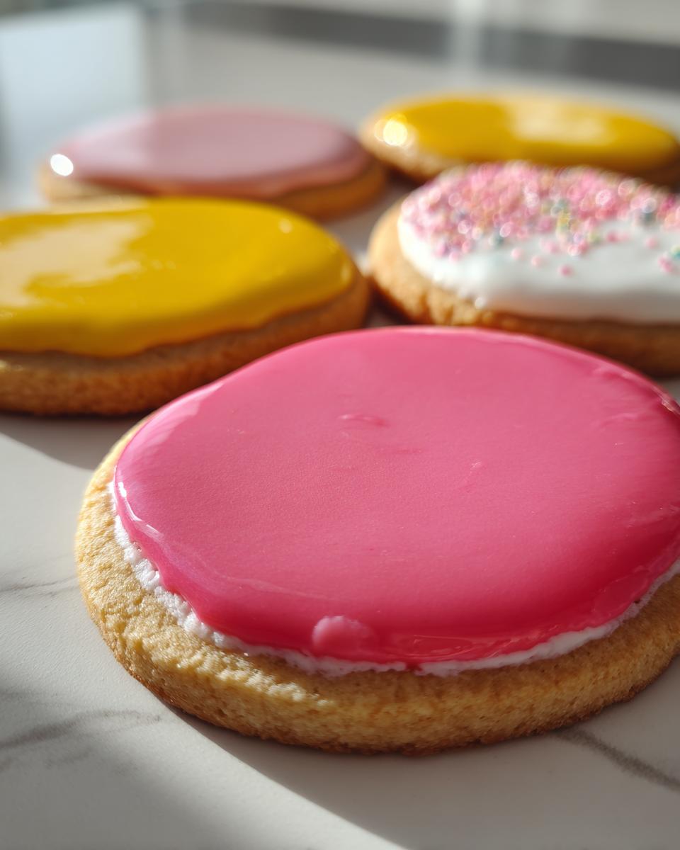 Close-up of round sugar cookies topped with glossy, brightly colored sugar cookie icing that hardens, in pink and yellow.