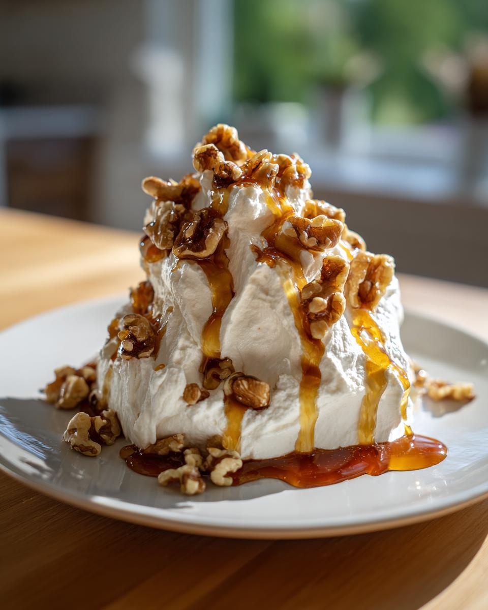 A mound of creamy whipped ricotta dip topped with candied walnuts and drizzled generously with caramel sauce.