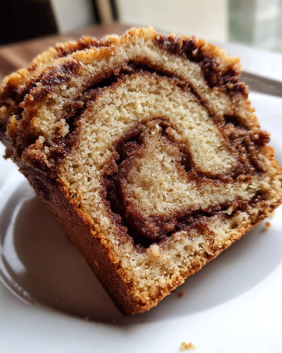 A close-up shot of a thick slice of moist cinnamon bread showing a beautiful, tight cinnamon swirl pattern.