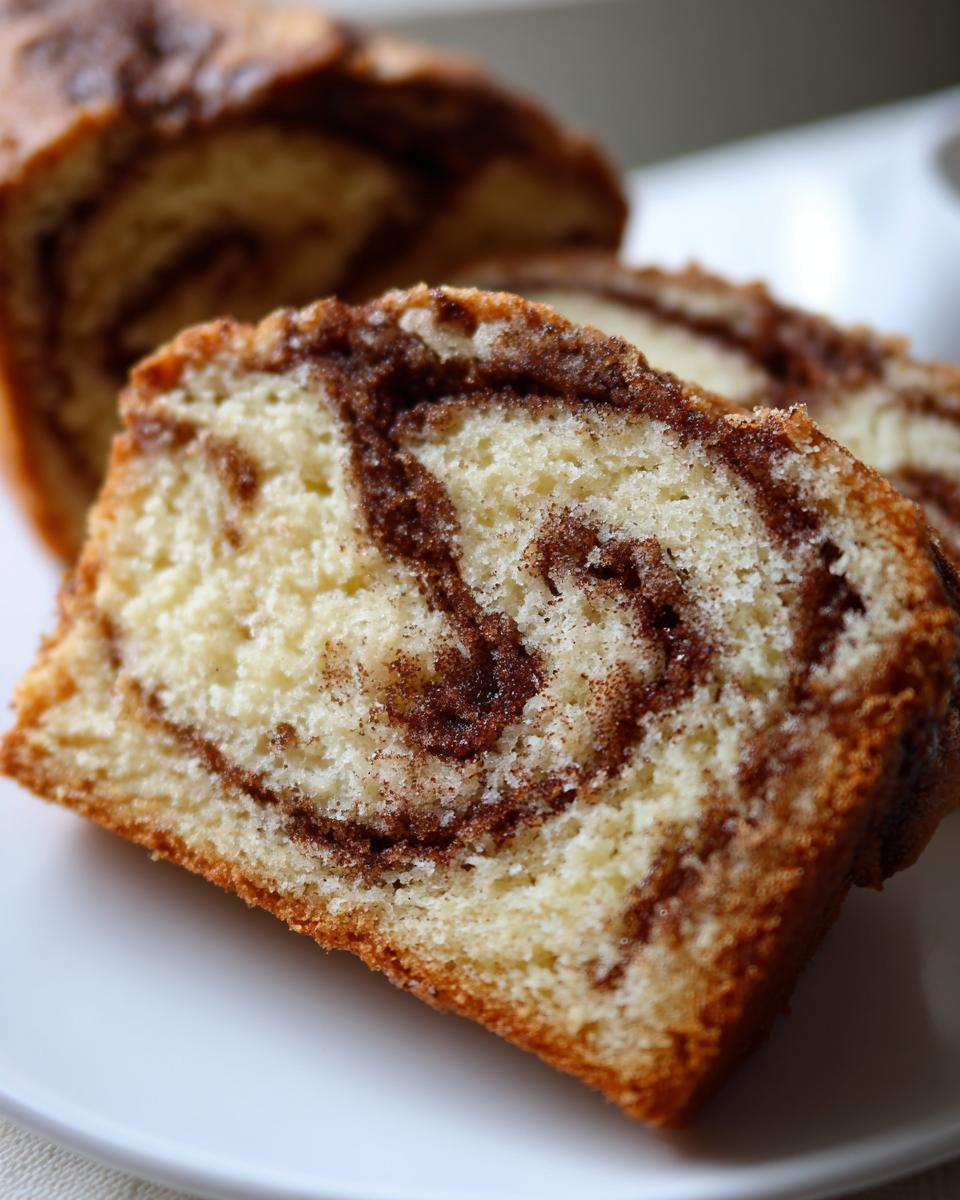 A close-up of a moist slice of cinnamon bread showing a beautiful swirl pattern of brown cinnamon sugar inside the light-colored bread.