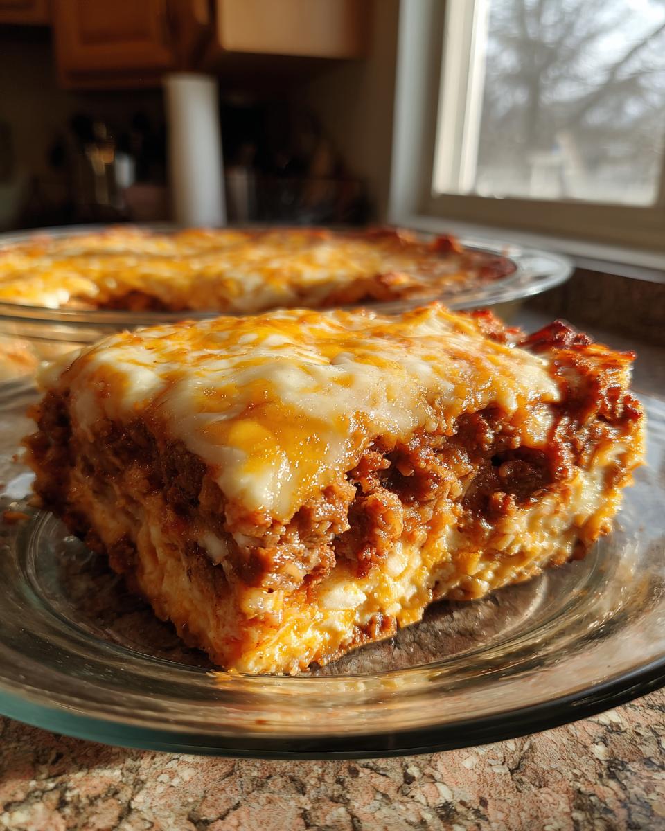 A close-up serving of the layered Texas Trash Dip, showing the meaty filling and melted cheese topping on a glass plate.
