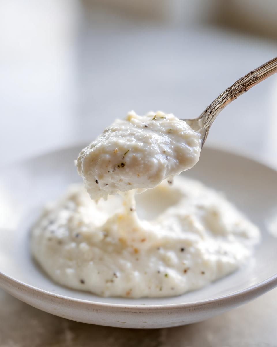A spoonful of thick, creamy white pizza sauce speckled with herbs and pepper being lifted from a bowl.