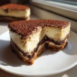 A close-up of a rich tiramisu cheesecake slice showing layers of cream, coffee-soaked cake, and a crumbly crust, dusted with cocoa.