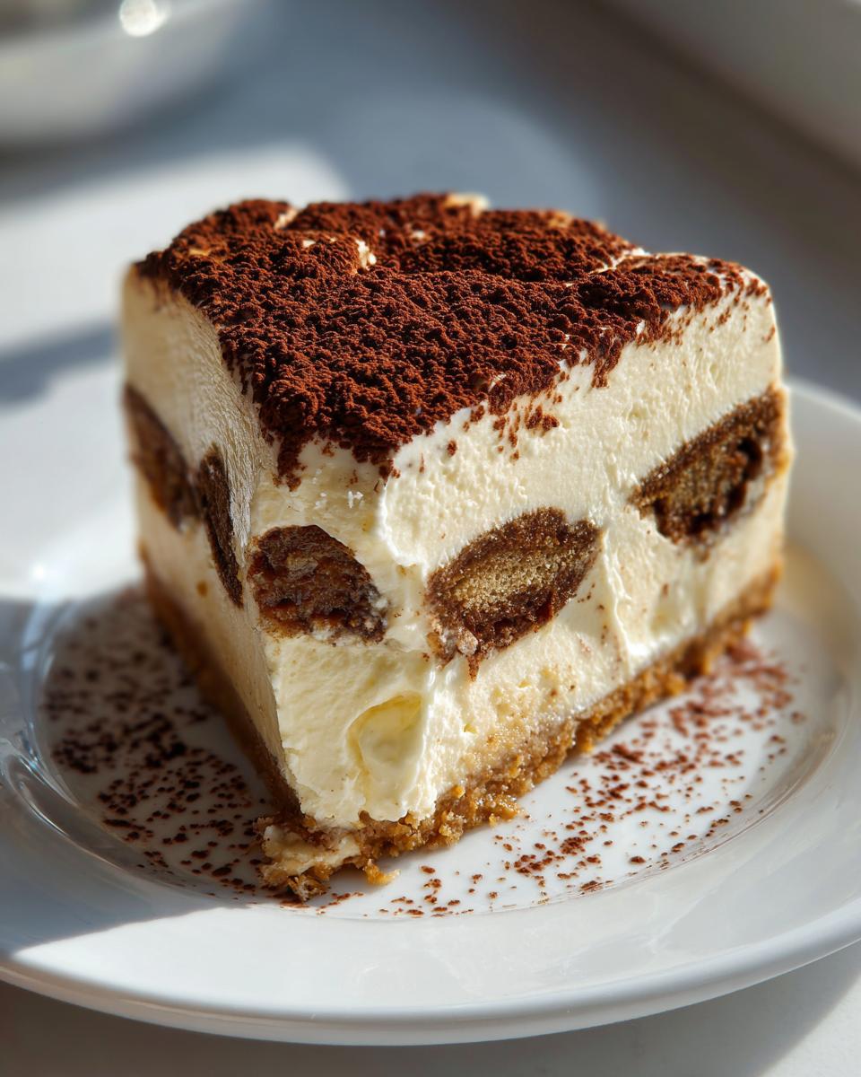 A rich slice of tiramisu cheesecake featuring layers of cream, ladyfingers, and a graham cracker crust, dusted heavily with cocoa powder.