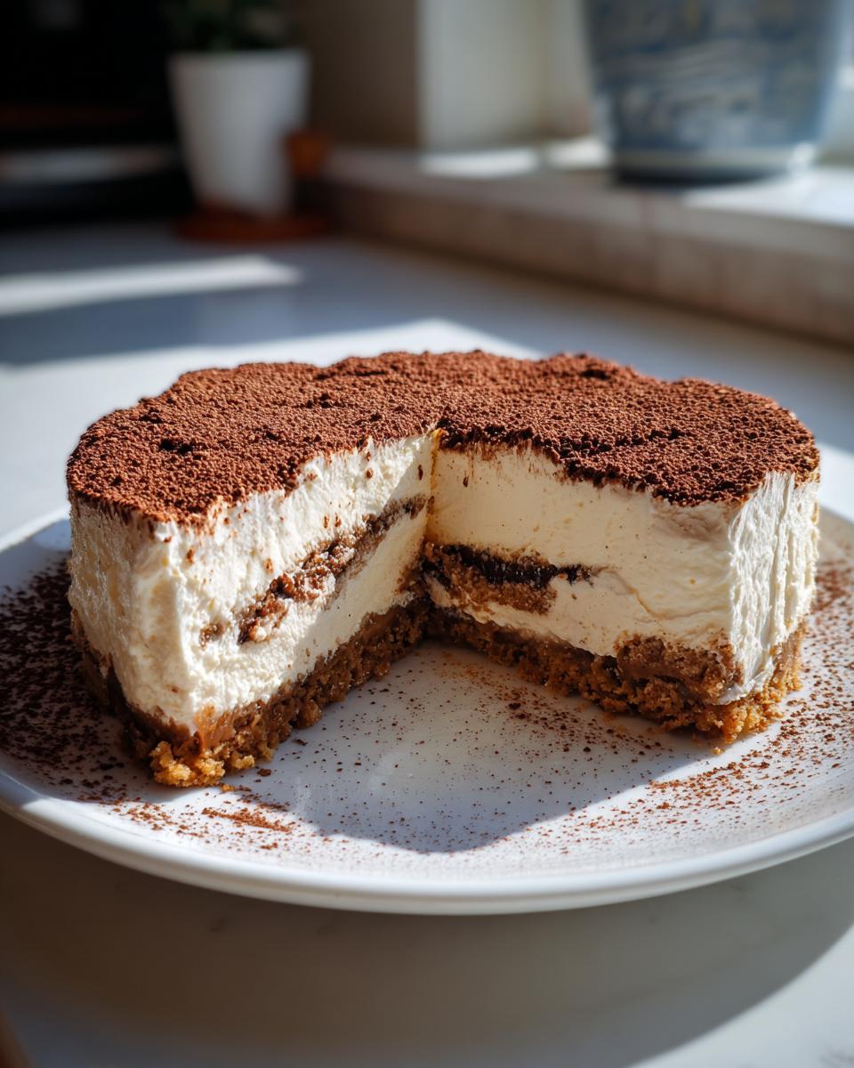A rich tiramisu cheesecake with a slice removed, showing creamy layers and a cocoa powder dusting.