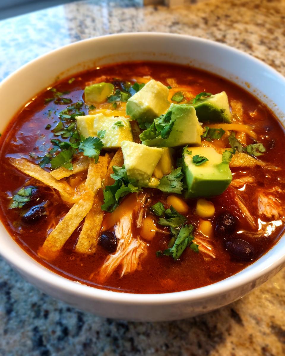 A close-up view of a steaming bowl of tortilla soup recipe, topped with avocado chunks, cilantro, and crispy tortilla strips.
