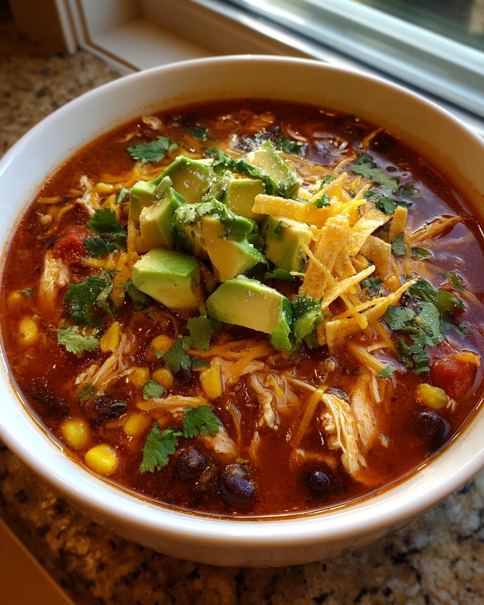 A close-up of a rich, dark red tortilla soup recipe bowl, filled with shredded chicken, black beans, corn, and topped with avocado cubes.