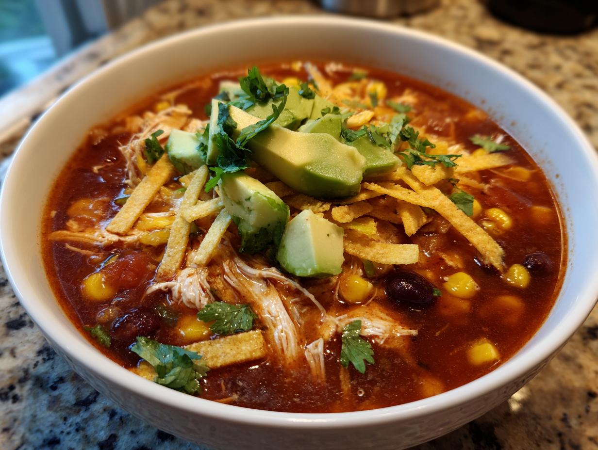 Close-up of a rich, red tortilla soup recipe topped with shredded chicken, avocado slices, tortilla strips, and cilantro.