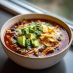 A close-up of a rich, dark red tortilla soup recipe bowl topped with avocado, cheese, cilantro, and tortilla strips.