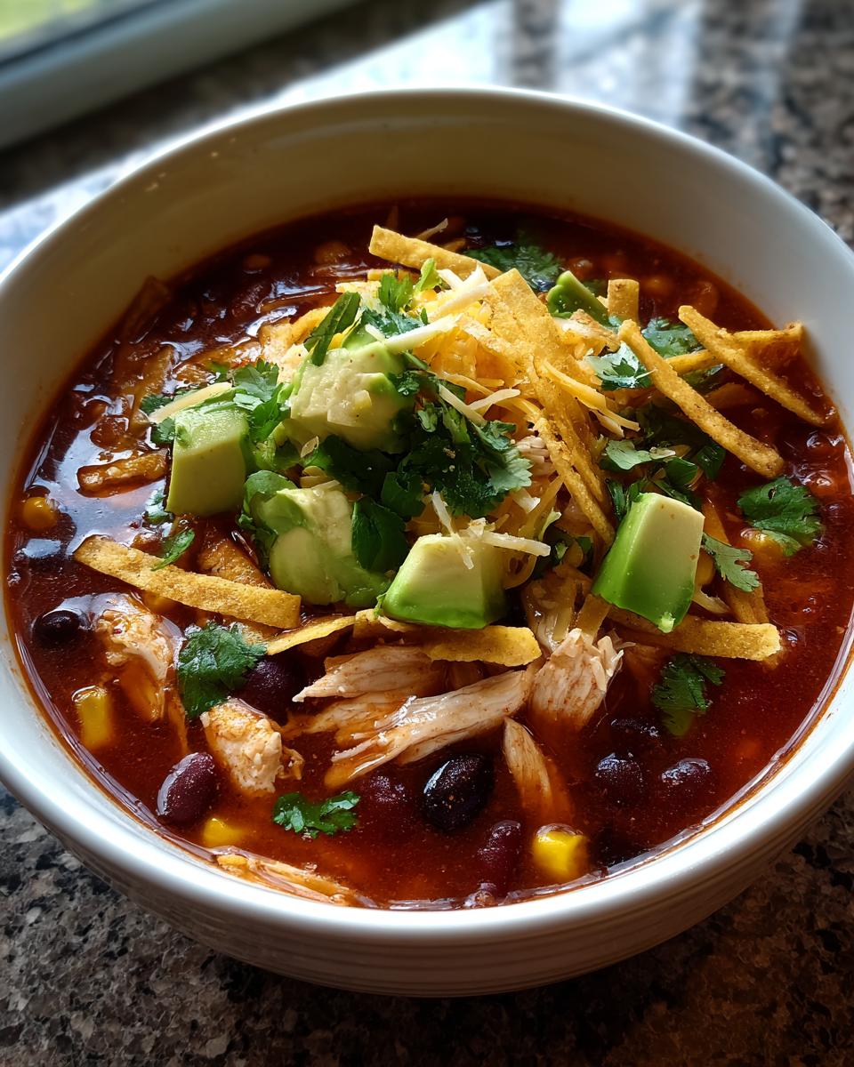 Close-up of a bowl filled with rich, red tortilla soup recipe, topped with shredded chicken, black beans, avocado, cheese, and tortilla strips.