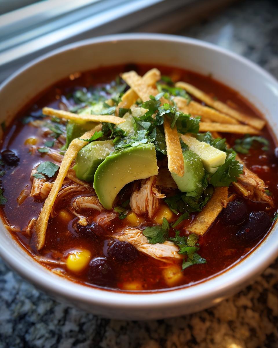 A close-up view of a hearty bowl of tortilla soup recipe, topped with shredded chicken, avocado, cilantro, and crispy tortilla strips.