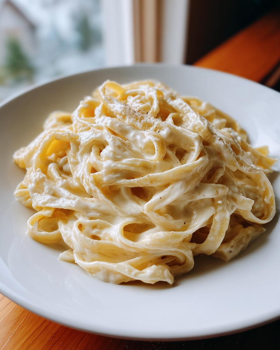 A close-up of fettuccine pasta generously coated in creamy Olive Garden Alfredo sauce, sprinkled with black pepper.