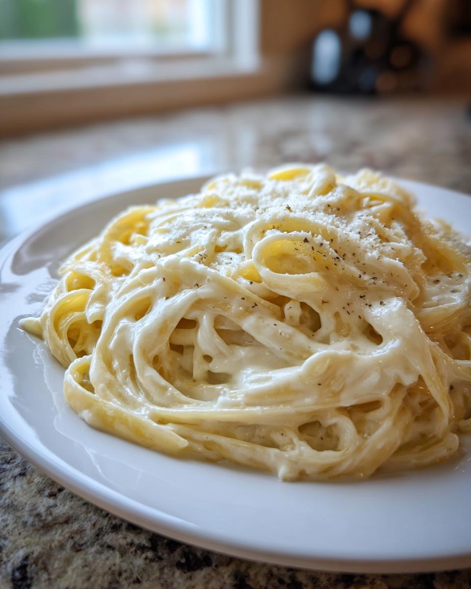 A close-up of fettuccine pasta generously coated in creamy Olive Garden Alfredo sauce, topped with Parmesan and pepper.