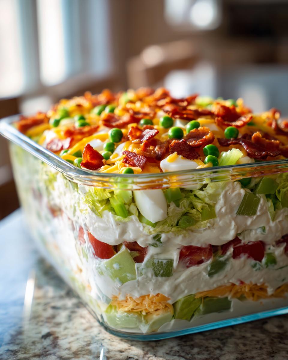 Close-up of a vibrant 7 layer salad showing distinct layers of vegetables, creamy dressing, cheese, and bacon topping.