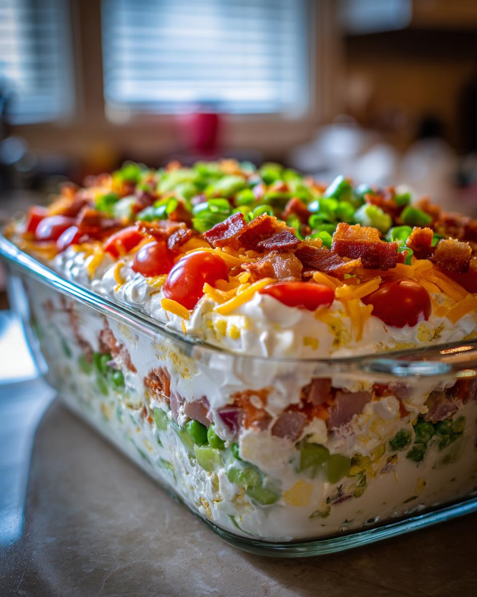 Close-up of a fully assembled 7 layer salad in a glass dish, topped with bacon, tomatoes, and green onions.