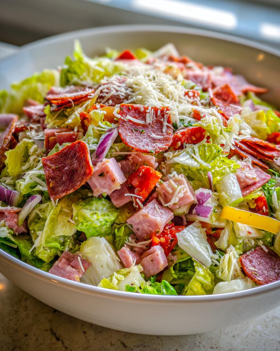 A vibrant, close-up view of a fully loaded grinder salad featuring lettuce, cubed meats, pepperoni, red onion, and shredded cheese.