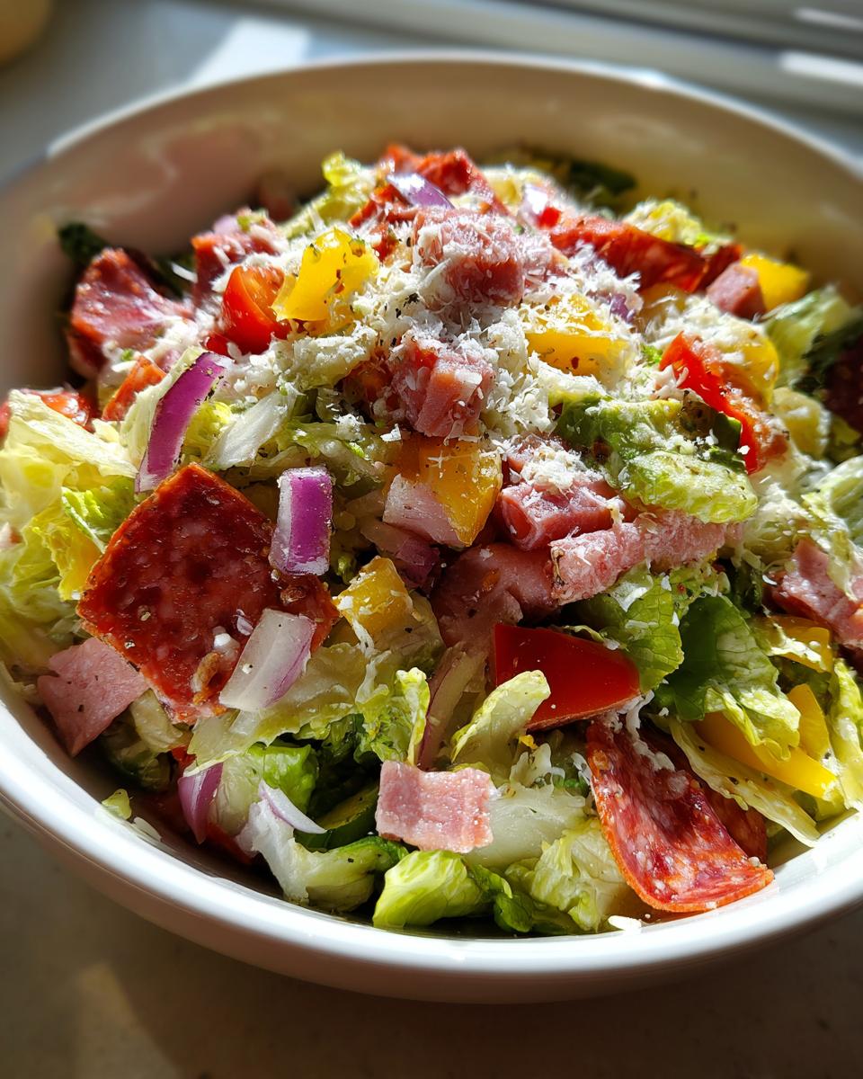 A vibrant, close-up view of a hearty grinder salad packed with lettuce, salami, ham, peppers, red onion, and grated cheese.
