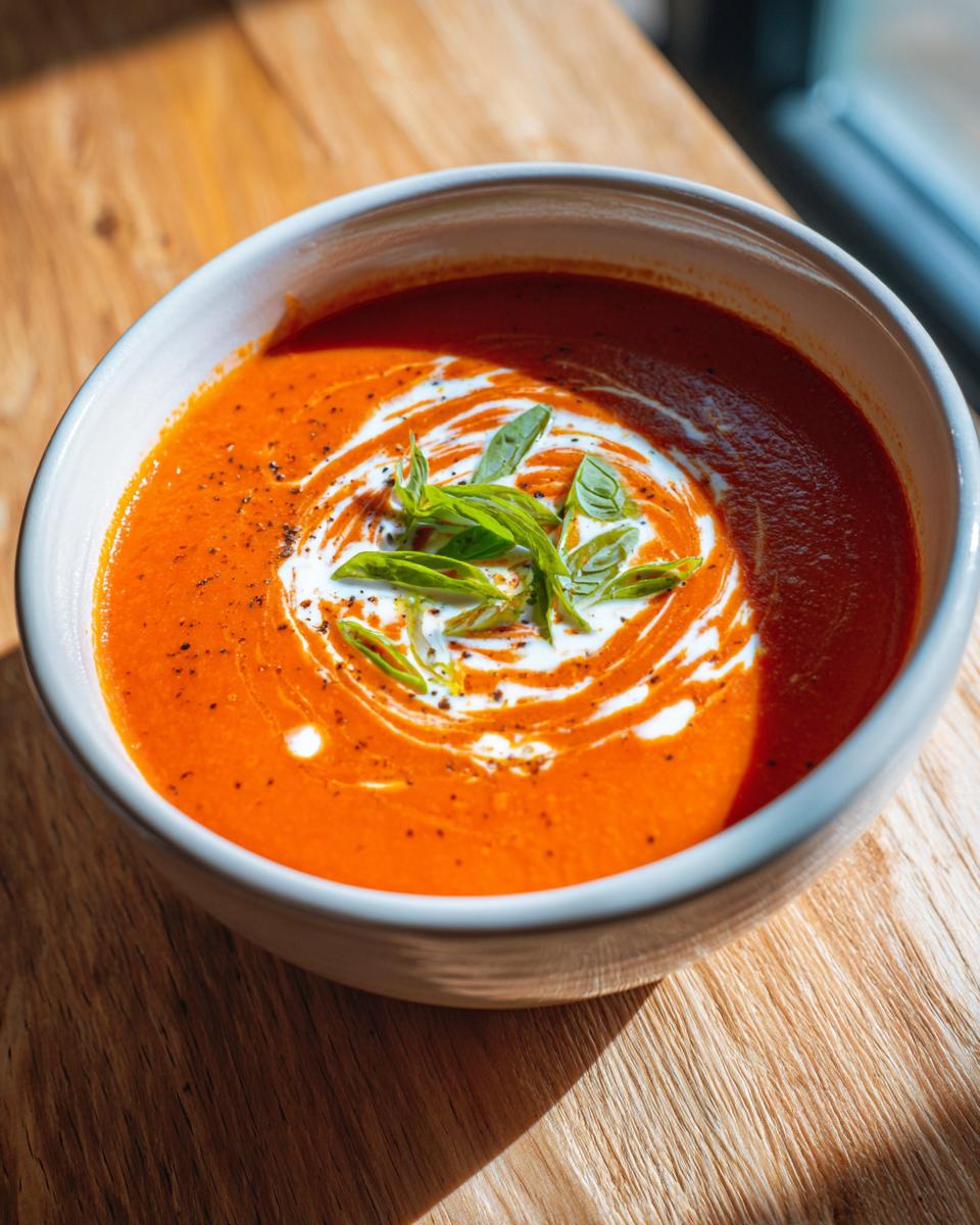 A vibrant bowl of roasted tomato soup, swirled with cream and topped with fresh basil leaves.