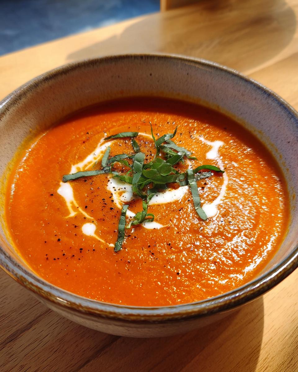 Close-up of a vibrant bowl of roasted tomato soup, swirled with cream and topped with fresh basil.
