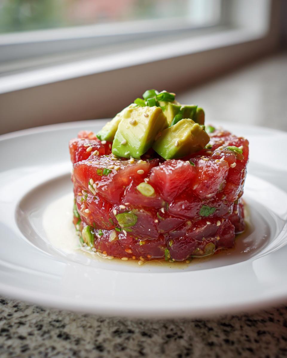 A beautifully molded stack of fresh tuna tartare topped with diced avocado and green onions.