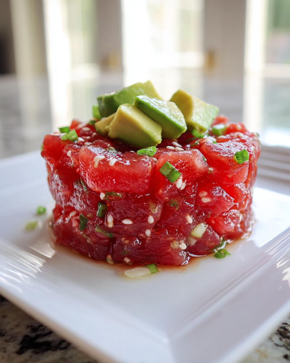 A vibrant, molded serving of fresh tuna tartare topped with diced avocado and green onions.