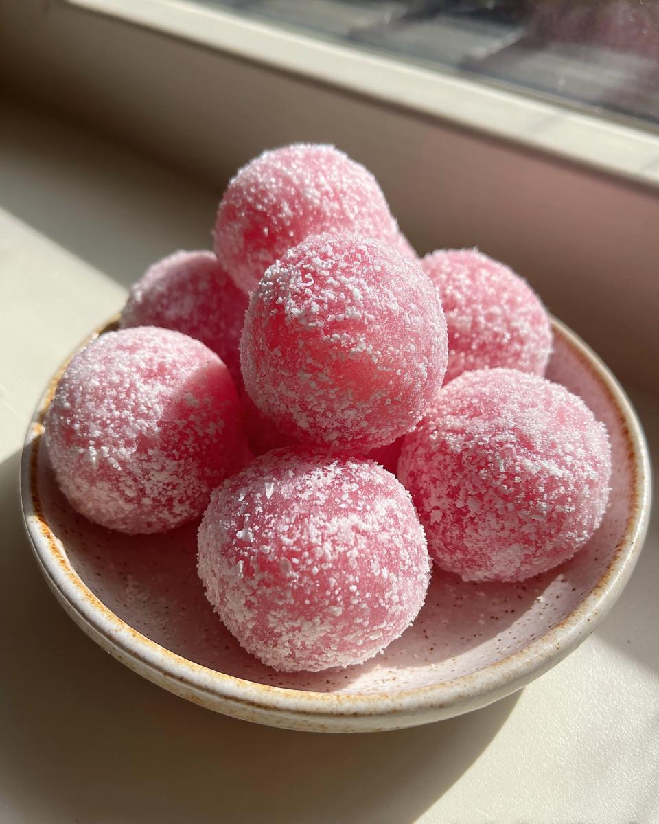 A small bowl filled with bright pink watermelon mochi balls generously coated in white shredded coconut.